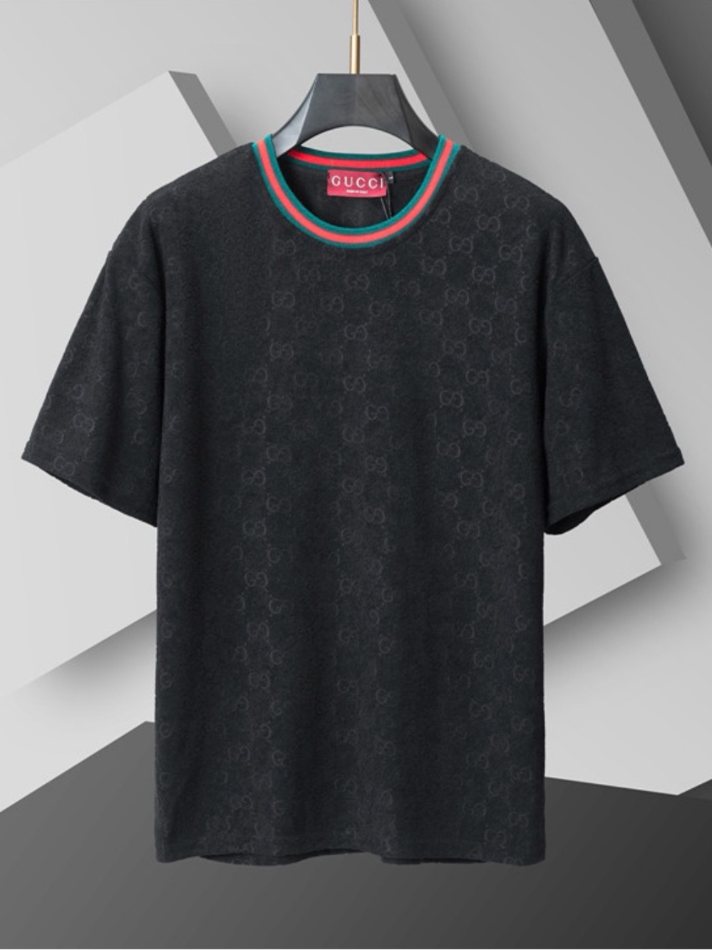 Gucci Black Short-Sleeve GG Jacquard Tee with Green & Red Stripe Neck